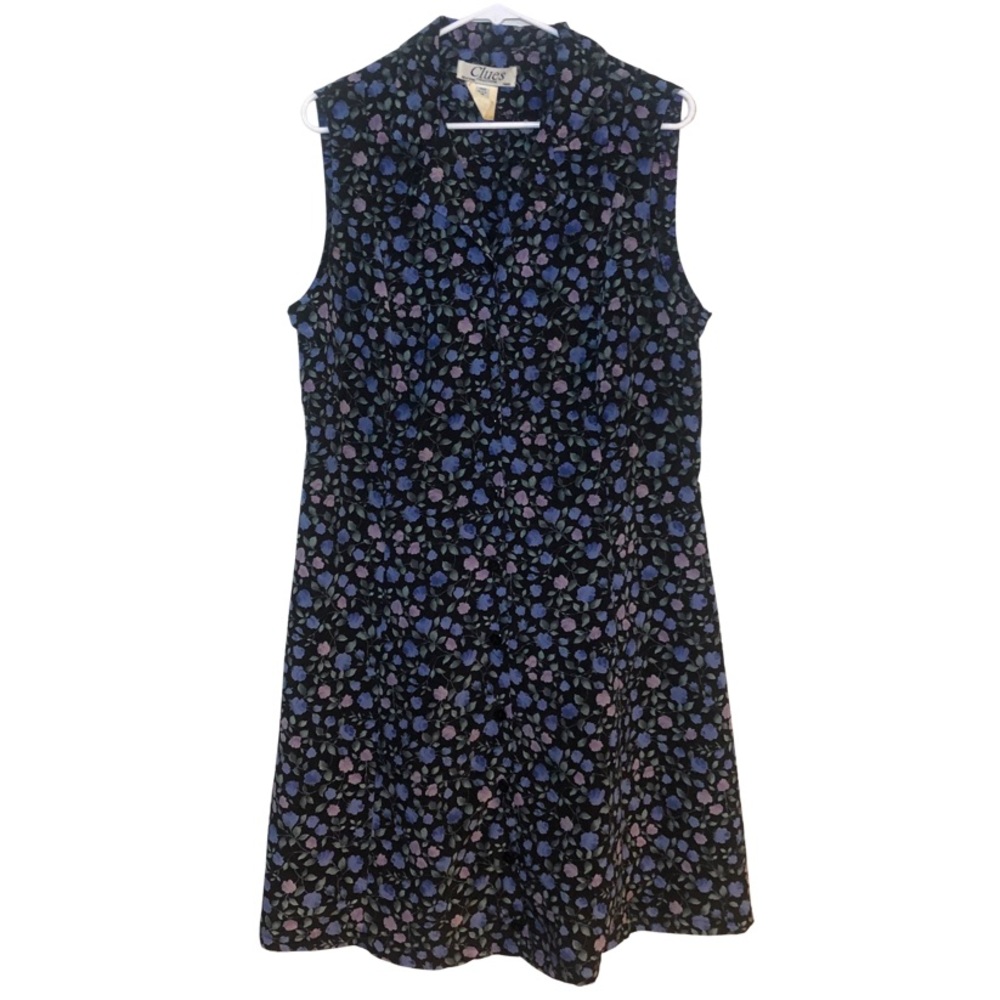 Vintage Button Front Floral A Line Mini Dress Sleeveless with Collar Blue/Purple